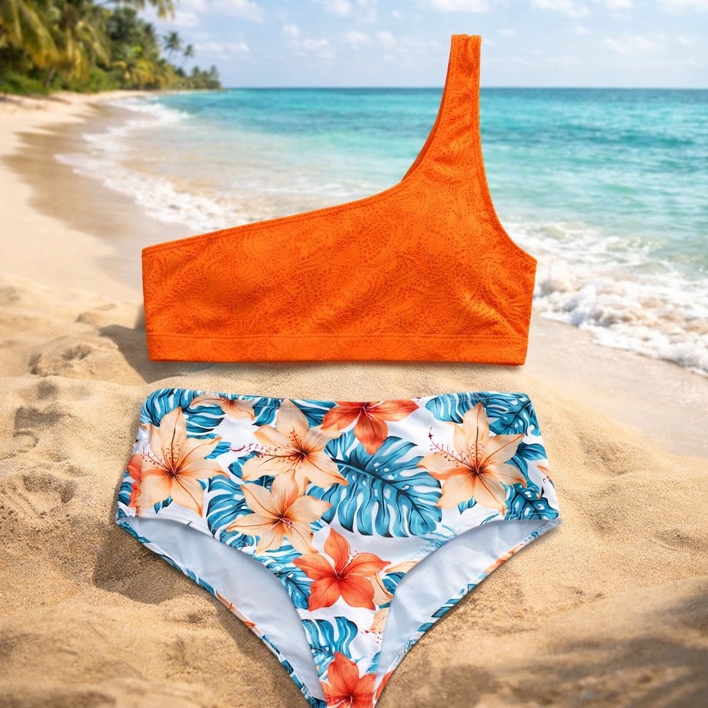 Nasty Gal Wave Textured One Shoulder Top and High Waisted Tropical Floral Bikini